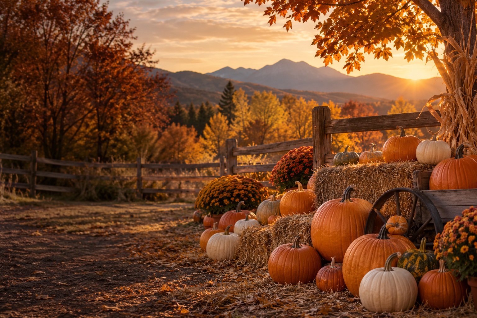 Illustrative autumn mountain scene with pumpkins