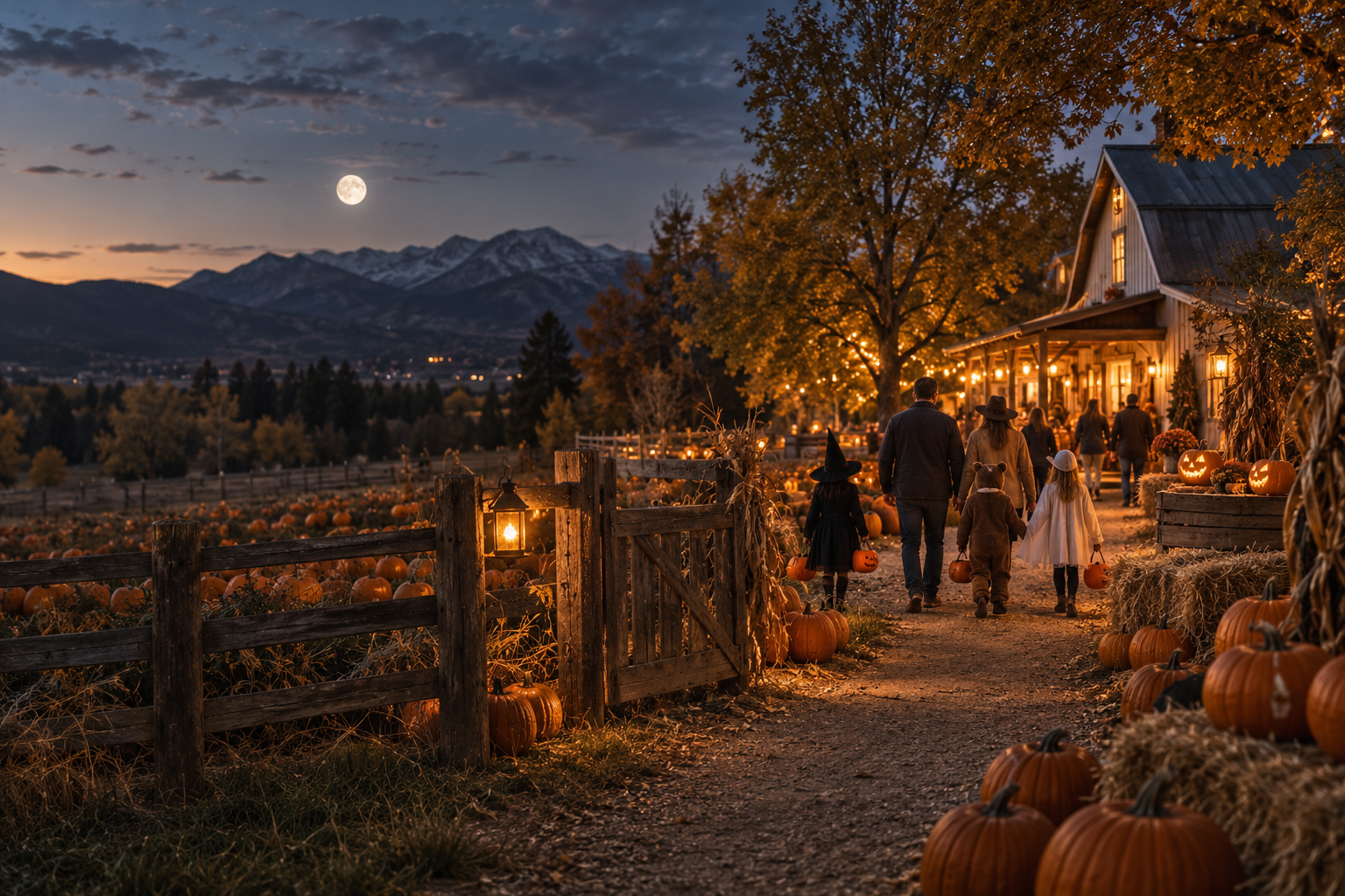 Illustrative lantern-lit autumn path with costumed trick-or-treaters